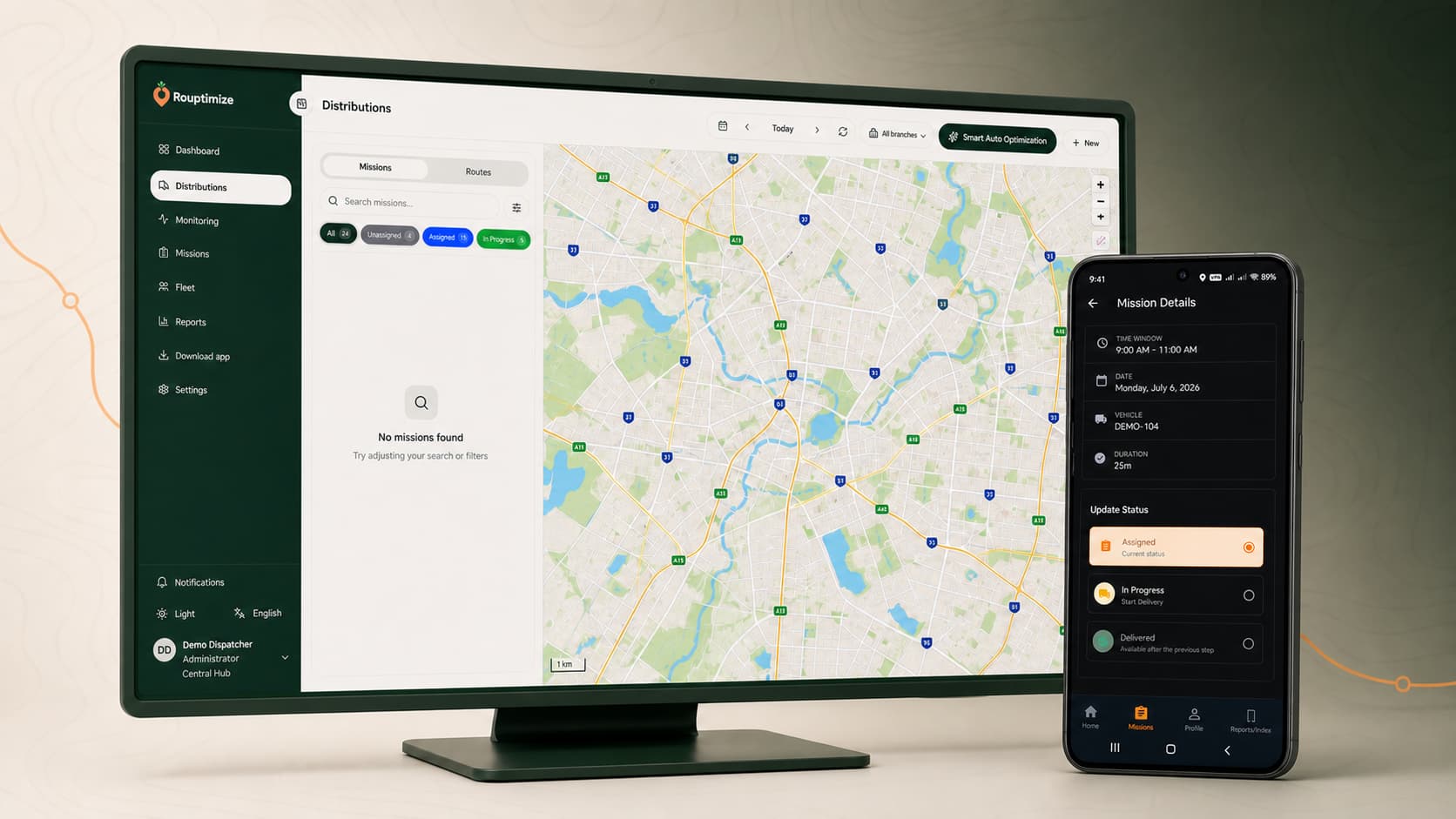 Live monitoring dashboard with driver locations, vehicle markers, mission pins, and proof-of-delivery code verification
