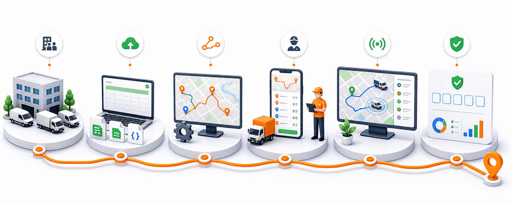 Six-step Rouptimize delivery workflow from fleet setup to mission import, optimization, dispatch, monitoring, and proof reporting