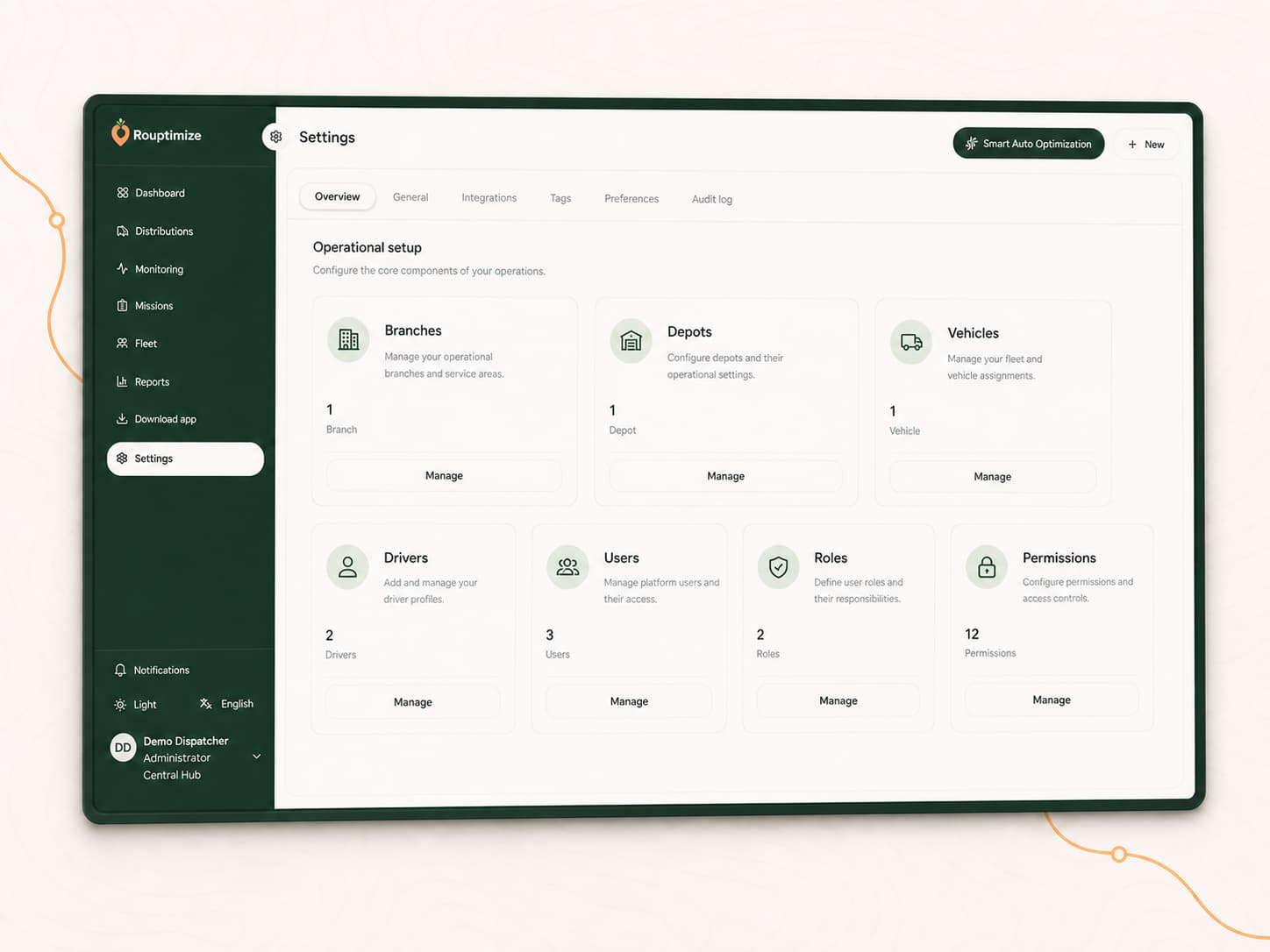 Admin controls for companies, users, roles, branches, and depots