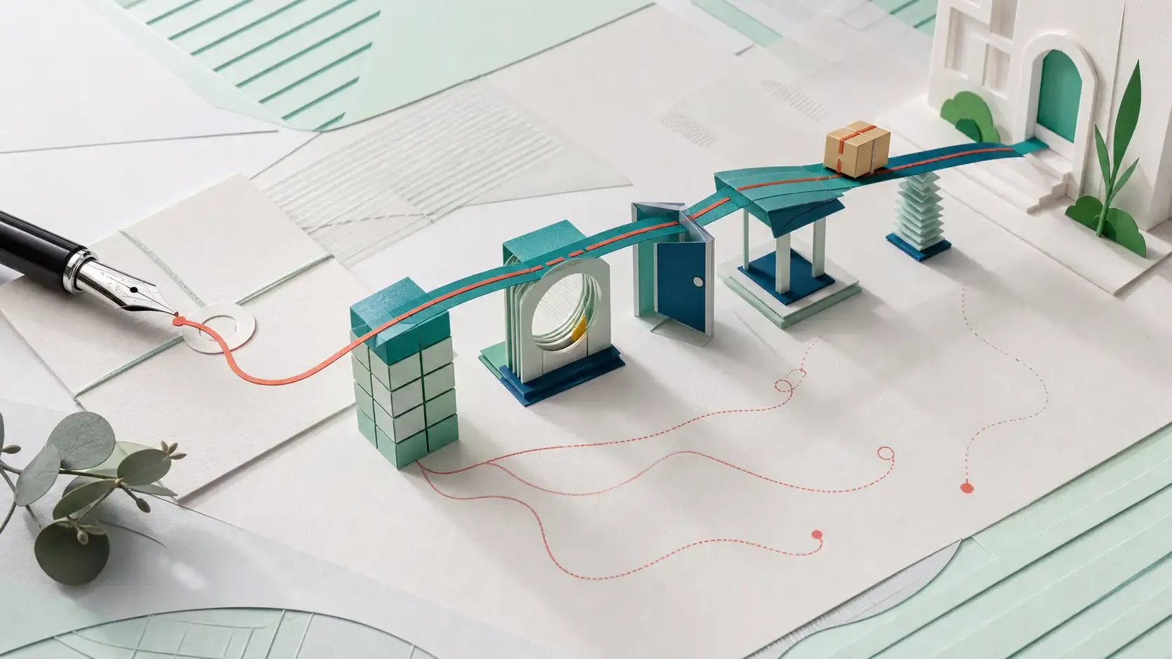 A sales promise drawn by a fountain pen becoming a solid paper bridge when supported by delivery capacity, working time and route-planning constraints.