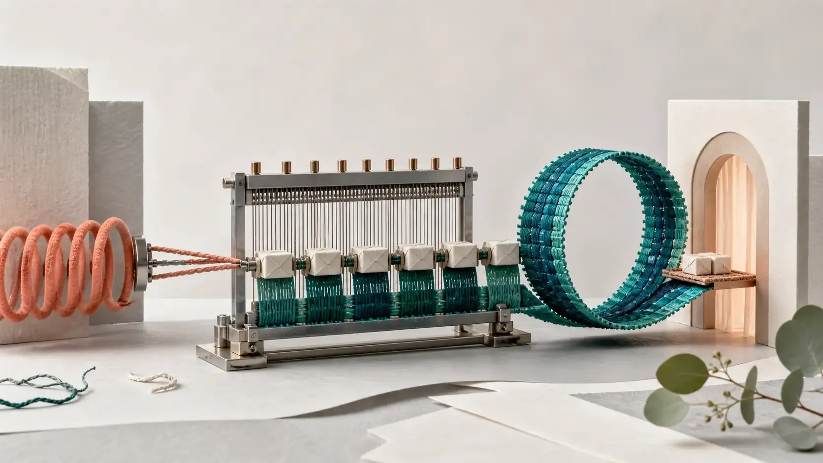 Evenly spaced delivery parcels being woven into a stable customer relationship while a compressed retention-pressure spring gradually relaxes.