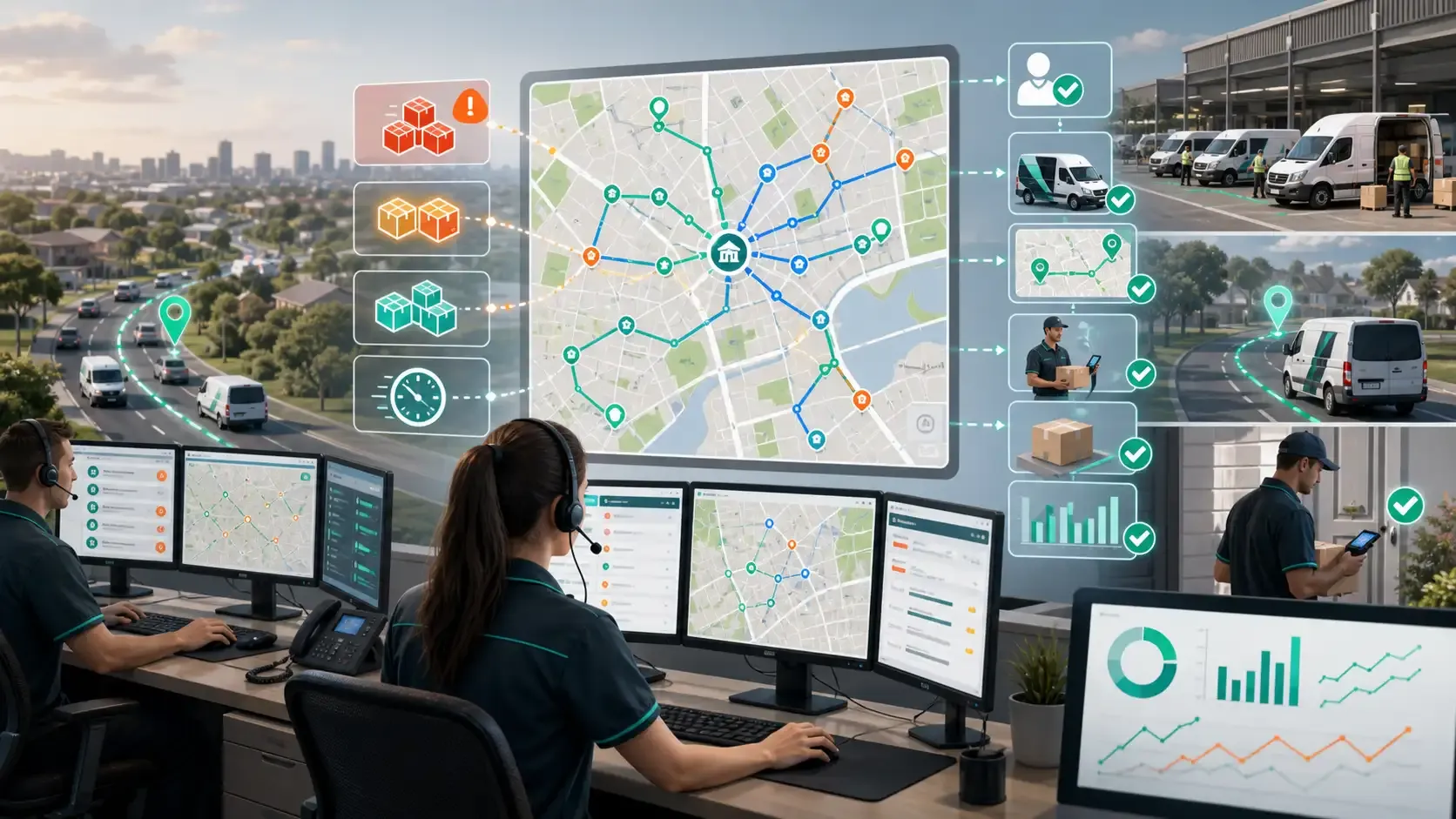 Australian courier dispatch team using route planning software to manage daily orders, route assignments, live delivery progress, and reports.