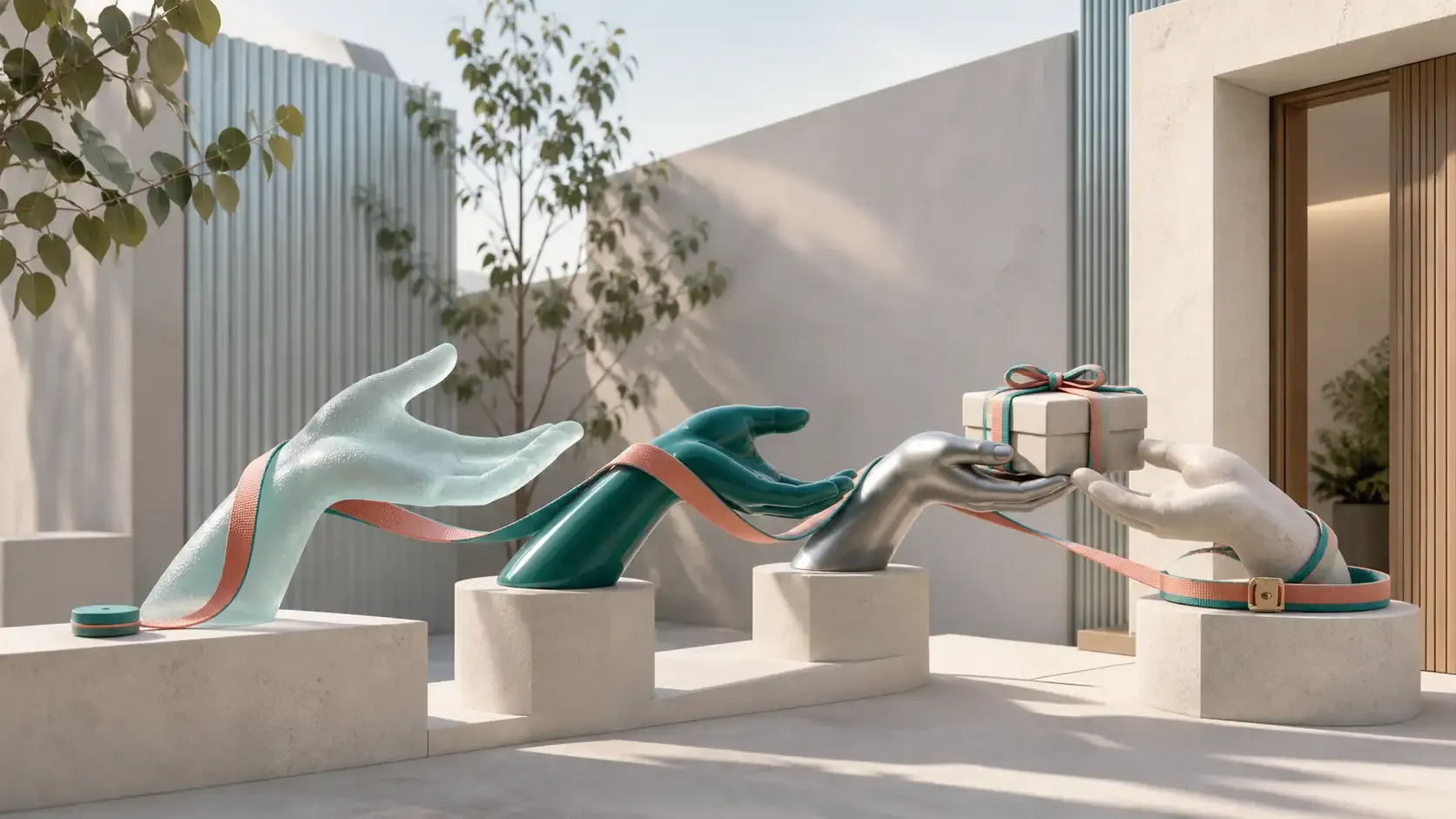 Sculptural hands passing a parcel towards a customer doorway while an unbroken ribbon connects the original delivery promise with verified completion.