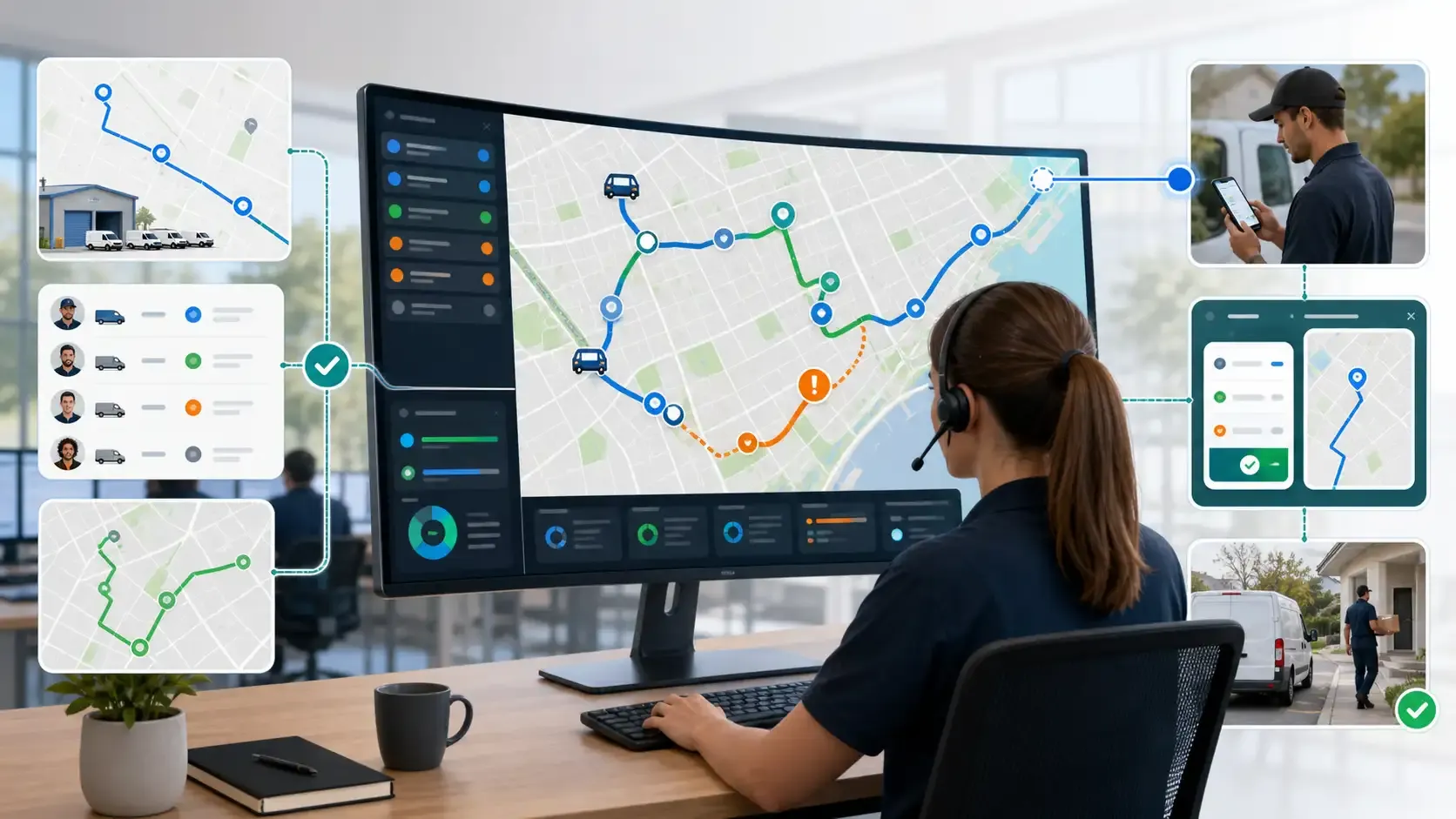 Australian dispatcher monitoring assigned delivery routes, live driver status, and mobile app context on a route map.