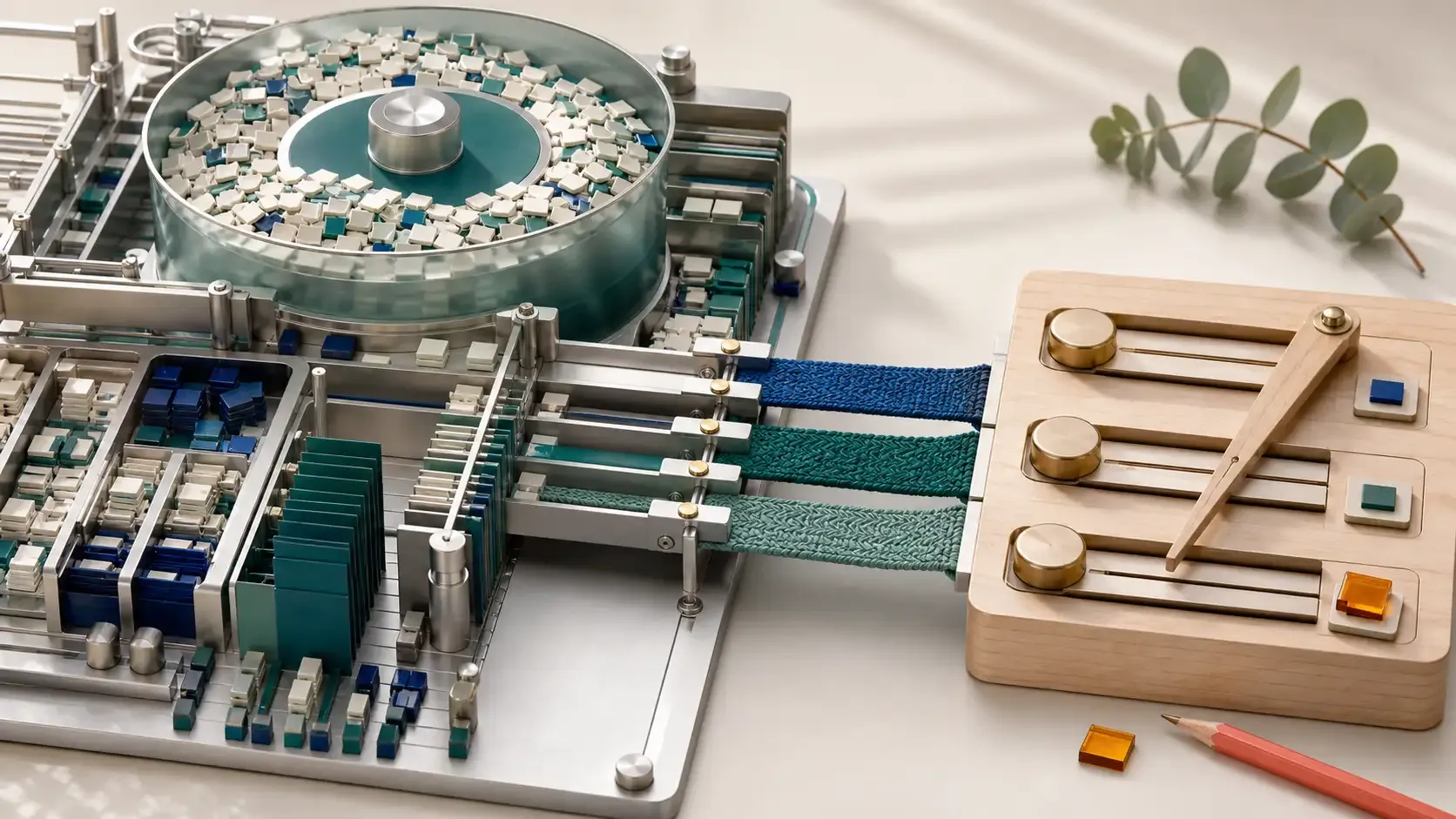 A precision routing instrument organising thousands of delivery constraints into feasible plans while a separate manual selector controls the final operational decision.