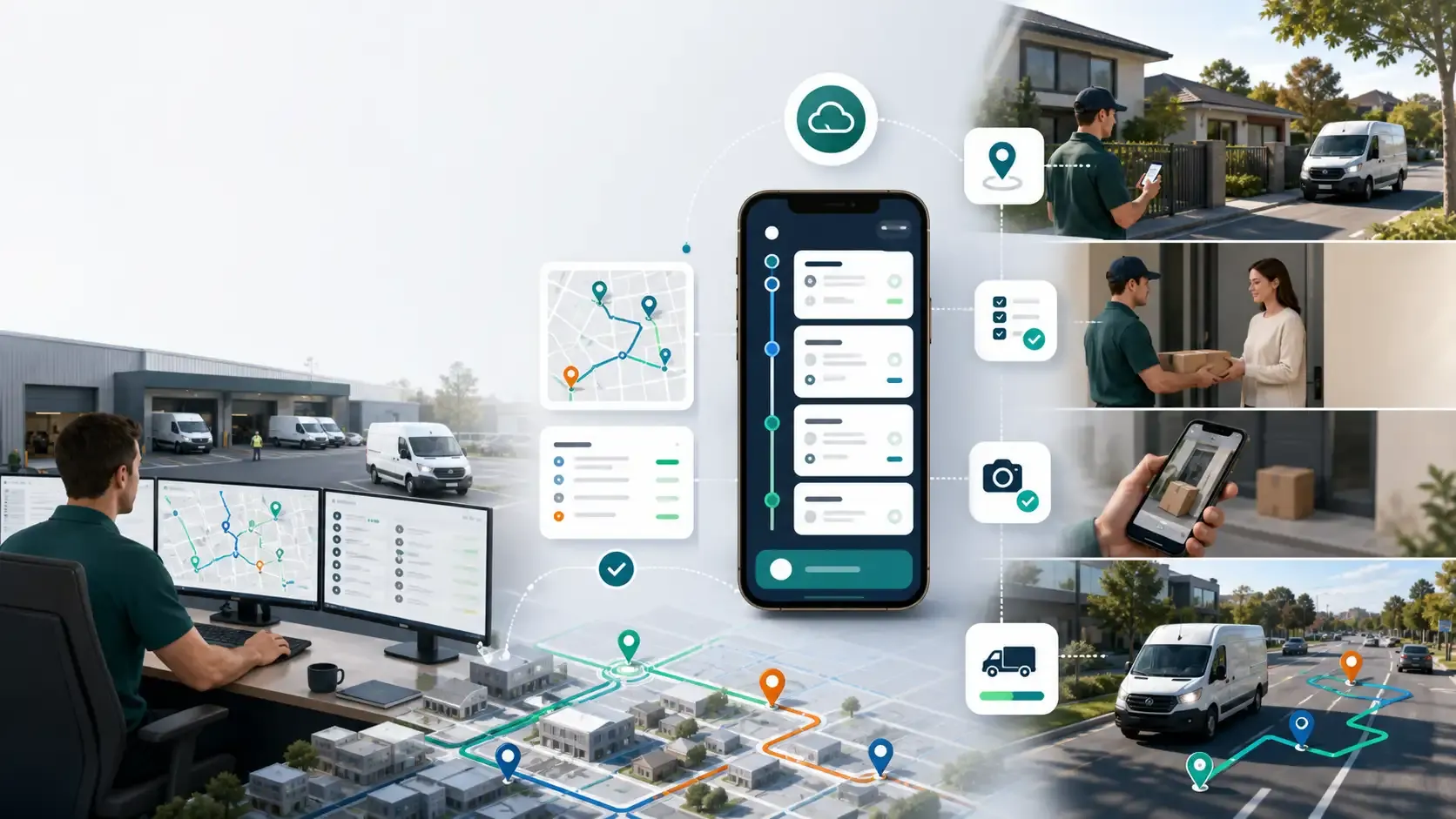 Australian delivery driver using a mobile app for assigned routes, mission details, status updates, and proof of delivery.