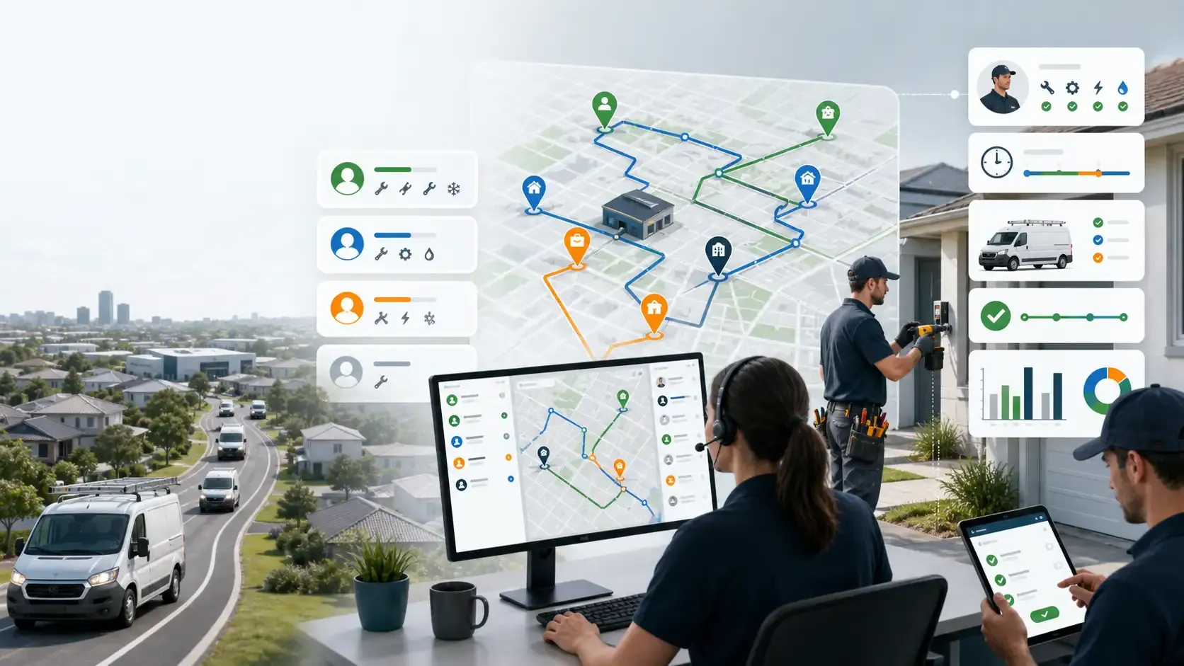 Australian field service dispatch team planning technician routes around skills, appointment times, job duration, and live route progress.