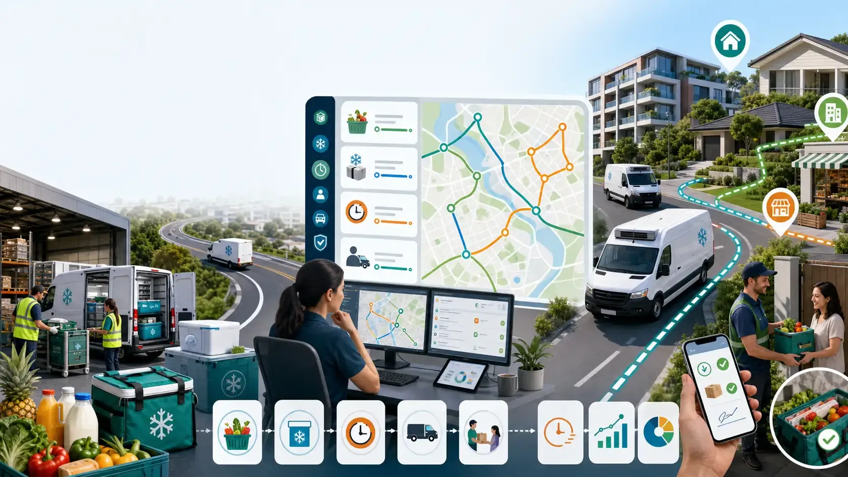 Australian grocery and food delivery team planning time-sensitive routes with refrigerated vans, driver assignments, and live delivery monitoring.