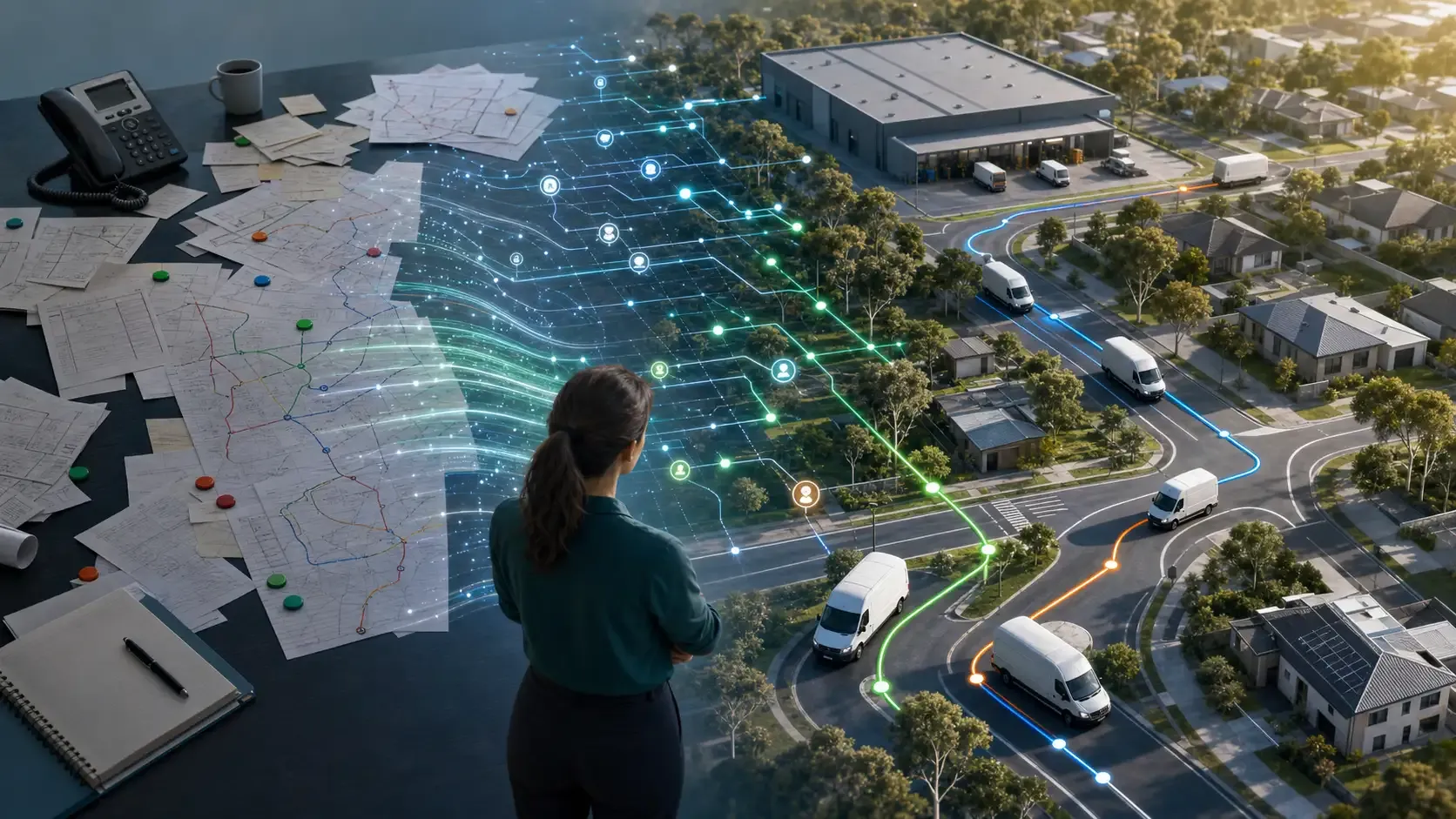Australian delivery team moving from manual dispatch paperwork to route optimization software with organised routes and delivery vehicles.