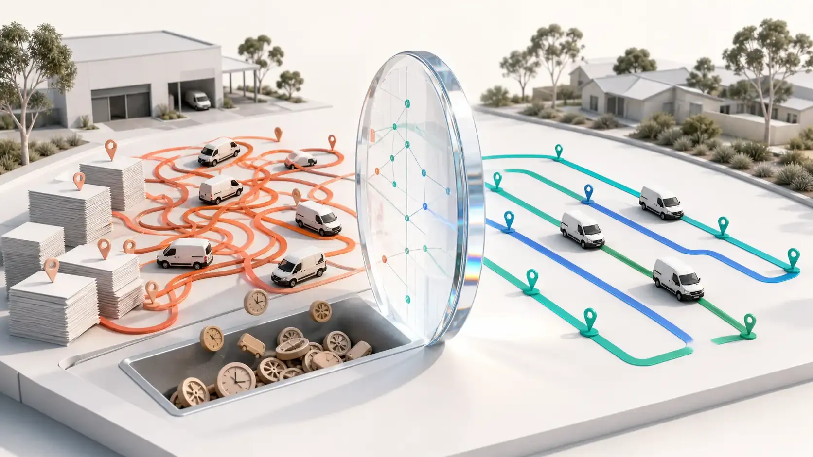 Australian delivery operation comparing tangled manual route planning and hidden costs with organised optimized routes and fewer duplicated journeys.