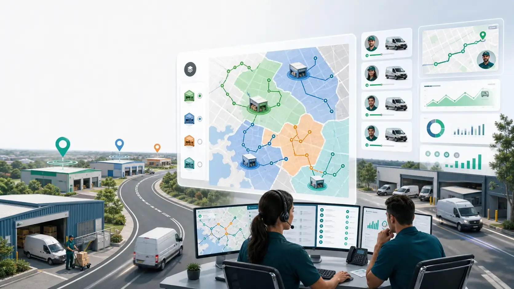 Australian dispatch team planning delivery routes across multiple branches, depots, drivers, and service areas.