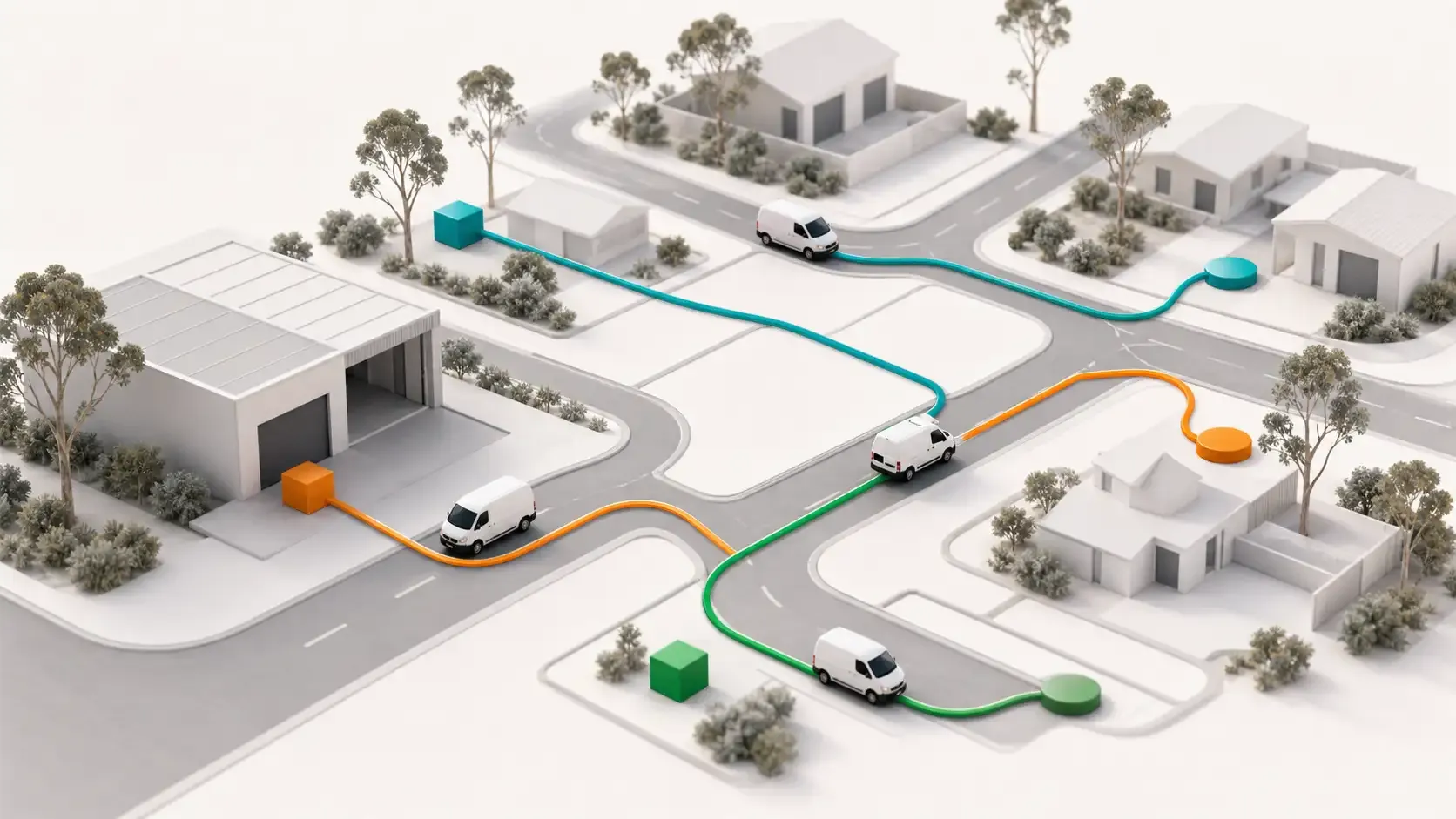 Minimal Australian pickup and delivery route planning network with paired collection and destination points connected by delivery vehicles.
