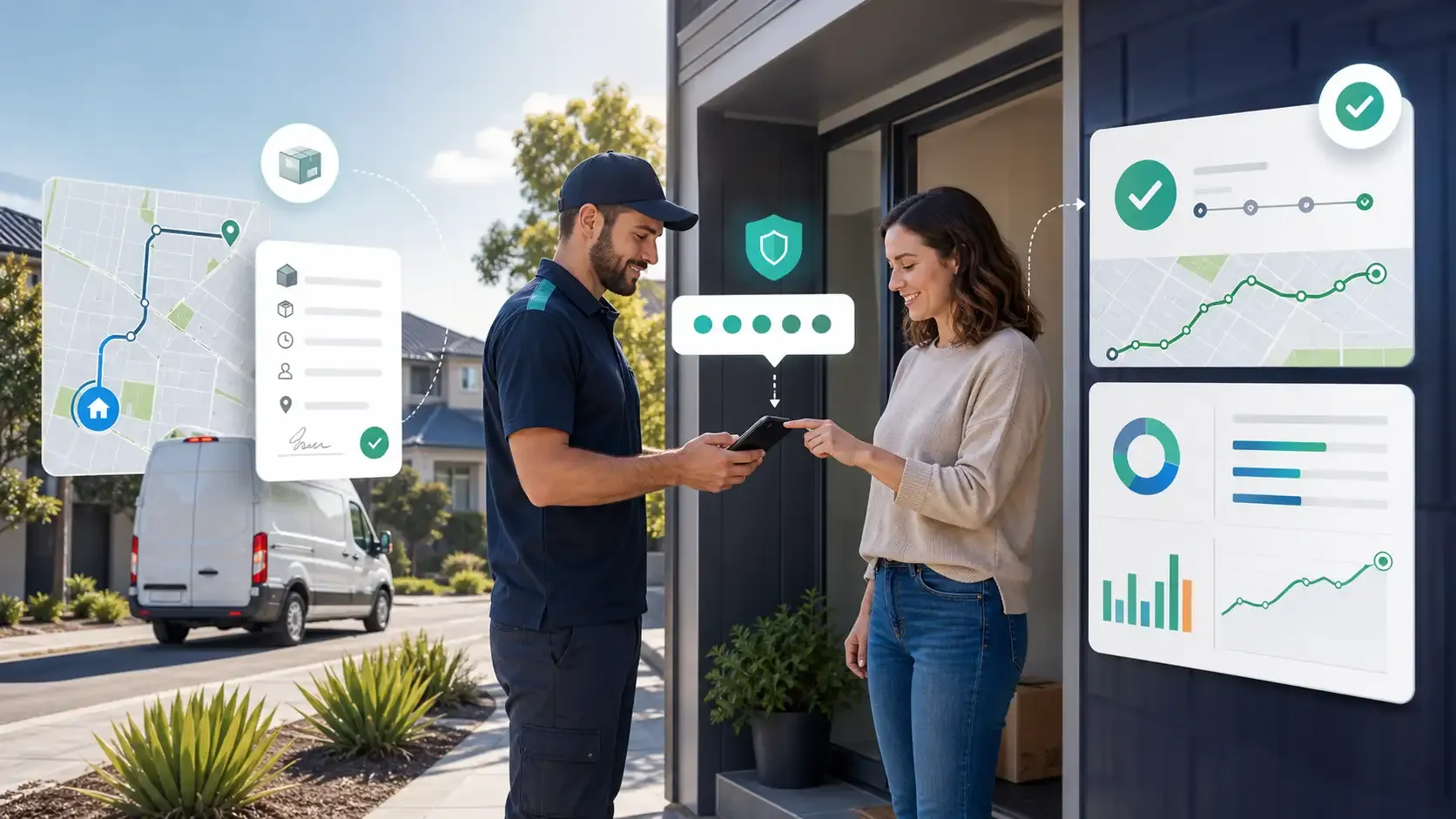  Australian delivery driver using a mobile app while a customer confirms proof of delivery with a simple code.