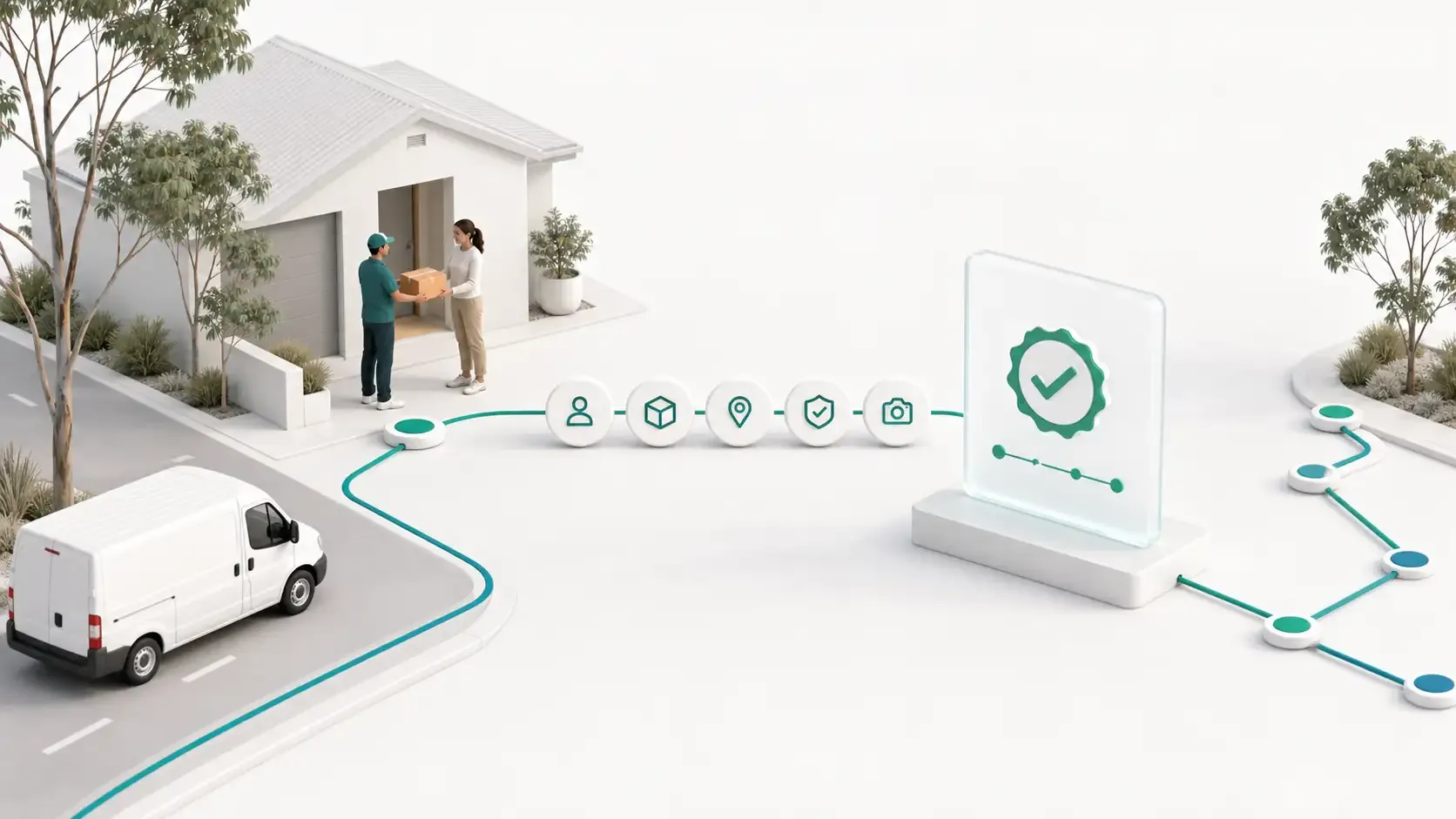Australian delivery handoff connected to five-part customer confirmation and a verified route mission record.
