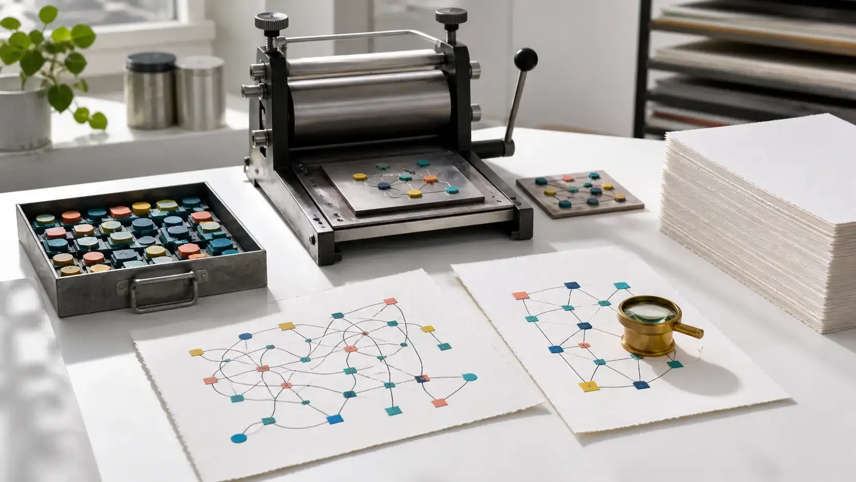 Printmaking proof press comparing existing delivery routes with an improved model before a wider route optimization rollout.