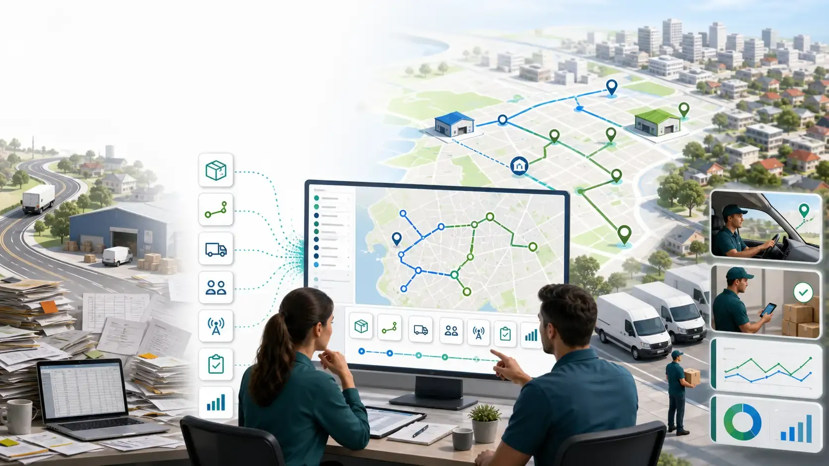 Australian delivery team reviewing route optimization software with delivery routes, driver assignments, live monitoring, and reports.