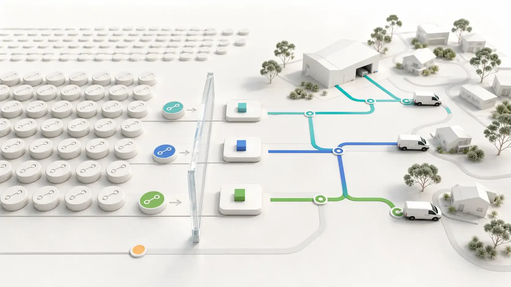 Minimal route-order credit system connecting scheduled delivery missions with Australian routes and delivery vehicles.