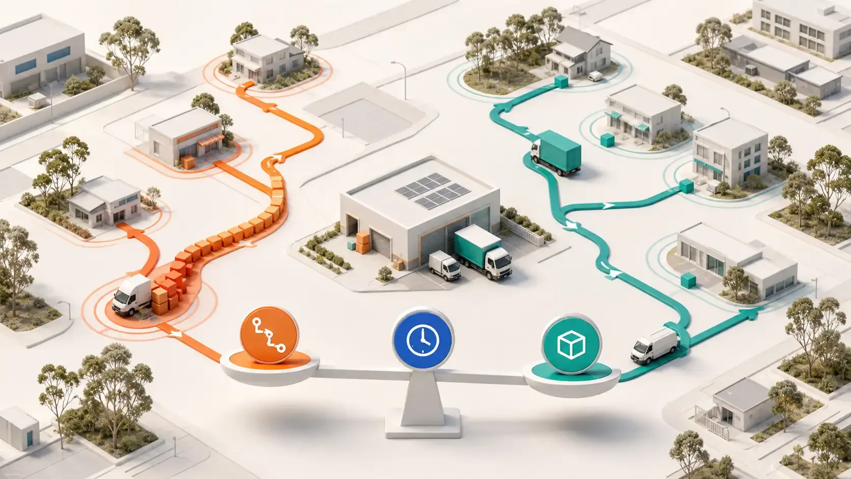 Modern Australian fleet planning scene comparing a shorter route with a more practical capacity-aware and time-aware delivery plan.