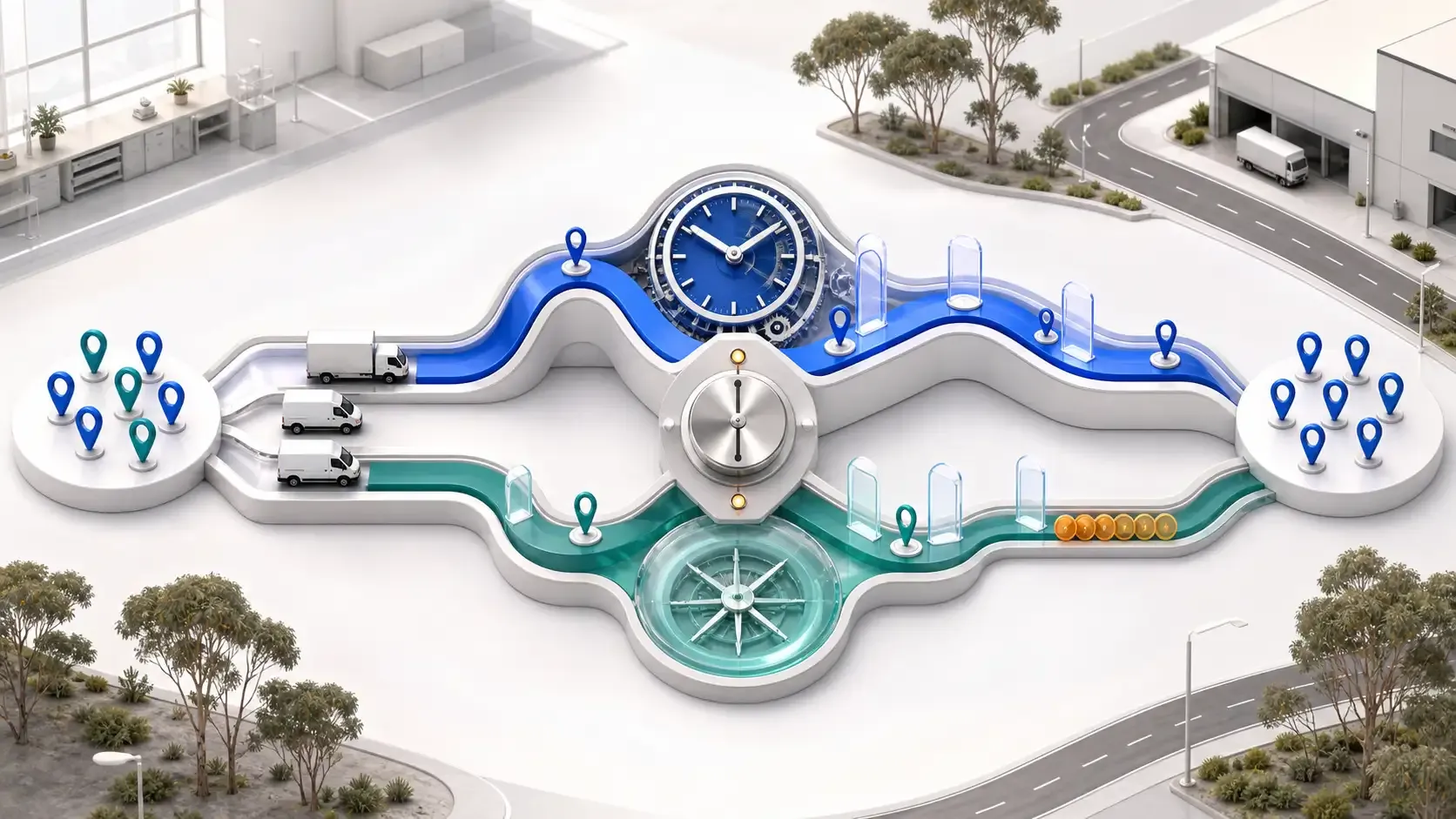 Australian delivery operation comparing a time-focused route plan with a distance-focused route plan using the same vehicles and delivery missions.