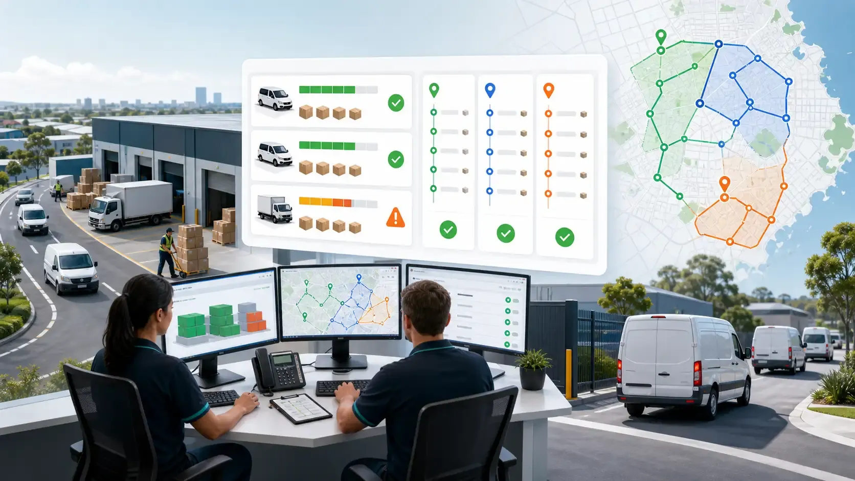 Australian dispatch team reviewing vehicle capacity, parcel volume, and route plans before delivery vans leave the depot.