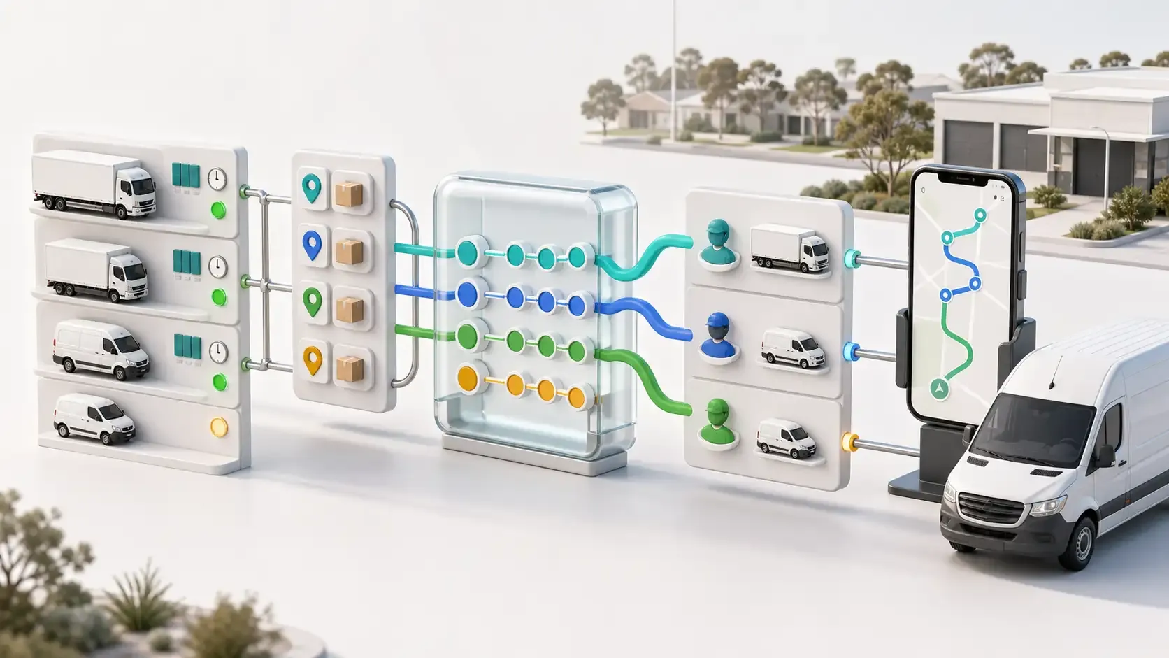 Connected Australian delivery workflow transforming vehicle capacity and mission records into optimized routes, driver assignments and mobile-ready delivery work.