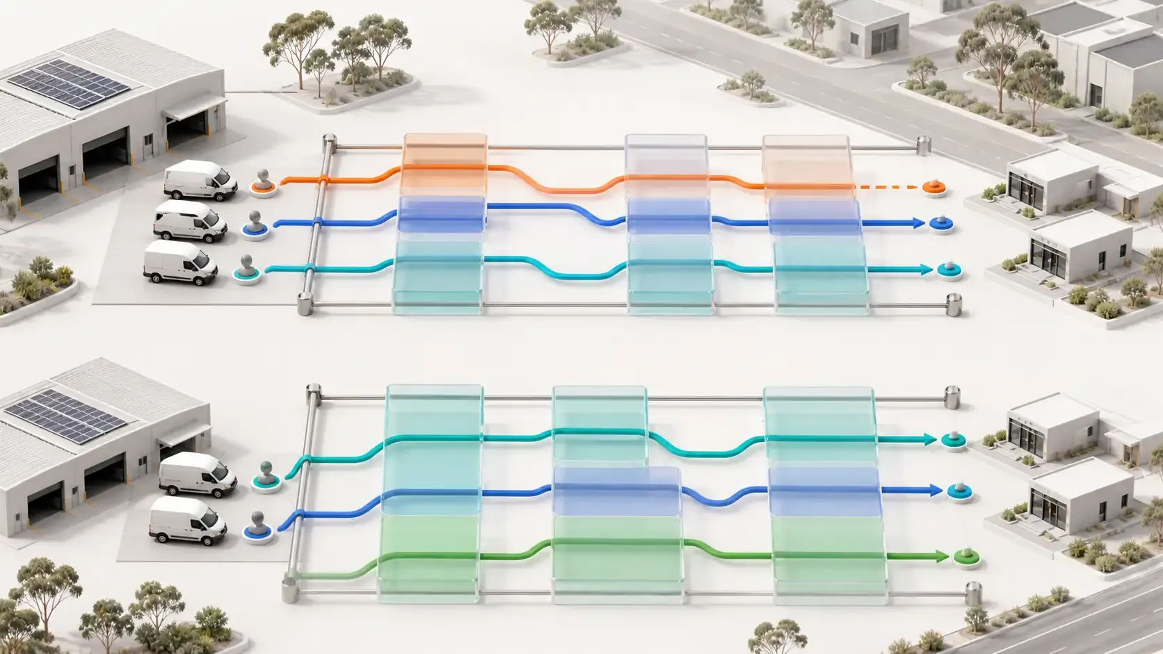 Australian delivery fleet comparing fragmented and coordinated vehicle and driver availability windows across optimized daily routes.